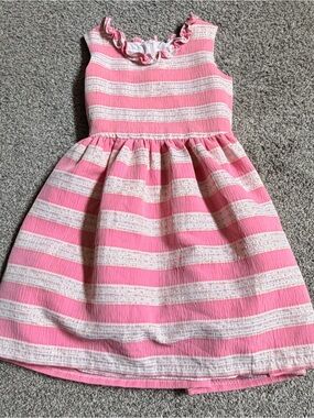 Badgley Mischka Pink & White Striped Ruffle Neck Dress Sz 14
